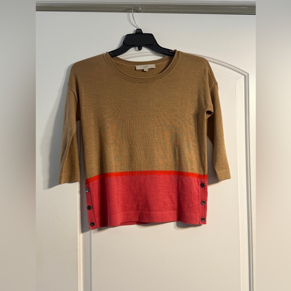 Loft Colorblock Sweater Women Small Tan Pink‎ Wool Blend 3/4 Sleeve Excellent